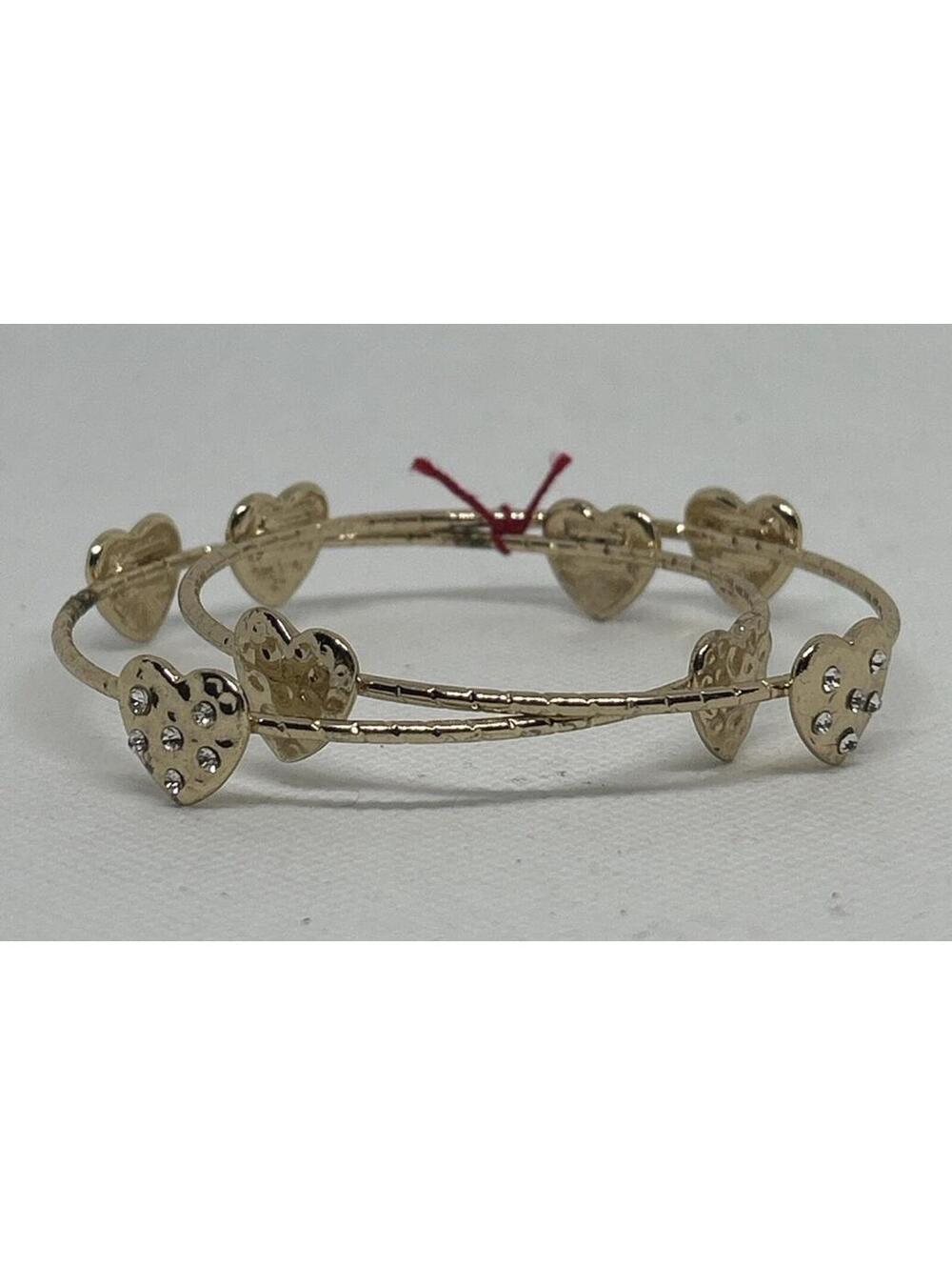 2 Gold Tone Heart Bangle Bracelets with Rhinestone Accent Women's Jewelry